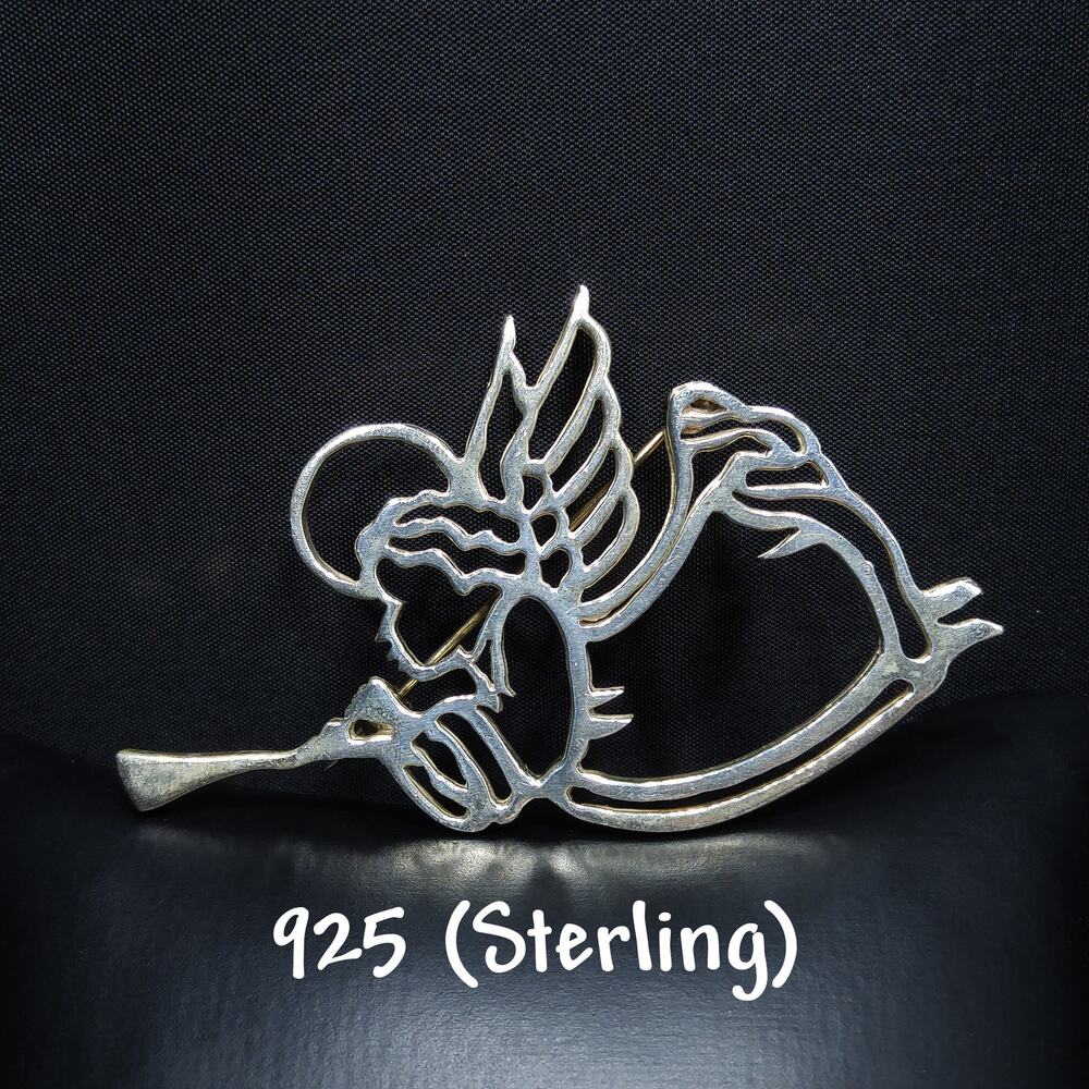 Vintage Sterling Angel Blowing Trumpet Brooch, 925 Silver, 1950s, Christmas Gift